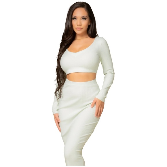 Ribbed V Neck Long Sleeve Crop Top Mint Large - Picture 2 of 6